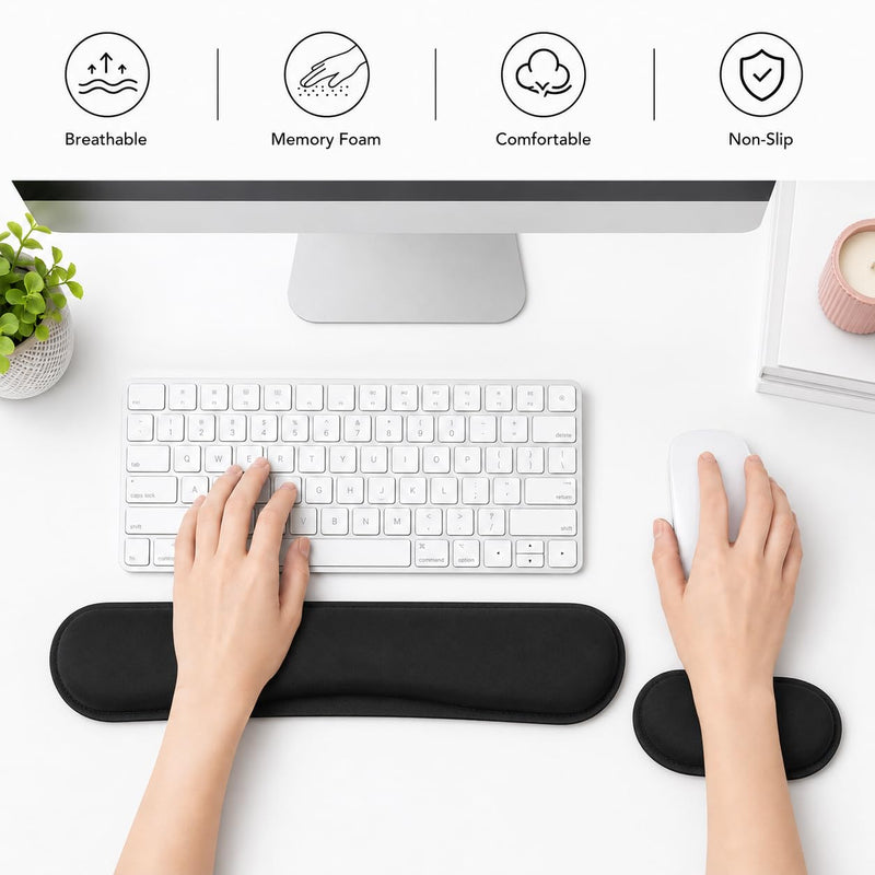 2 Piece Wrist Rest Set, Enlarge Silky Superfine Fabric Gel Keyboard Mouse Pad for Typing Pain Relief, Ergonomic Soft Memory Foam Hand Rests for Office Gaming Computer Laptop Workstation, Black
