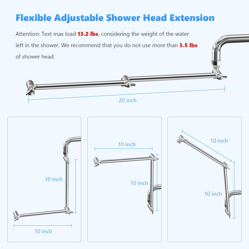 20 IN Shower Head Extension Arm, Anti-Leak Adjustable Shower Arm Extender for Rain & Handheld Shower Head, Extended Shower Head with G1/2 Universal Connector Compatible (Extend, Chrome) 20IN