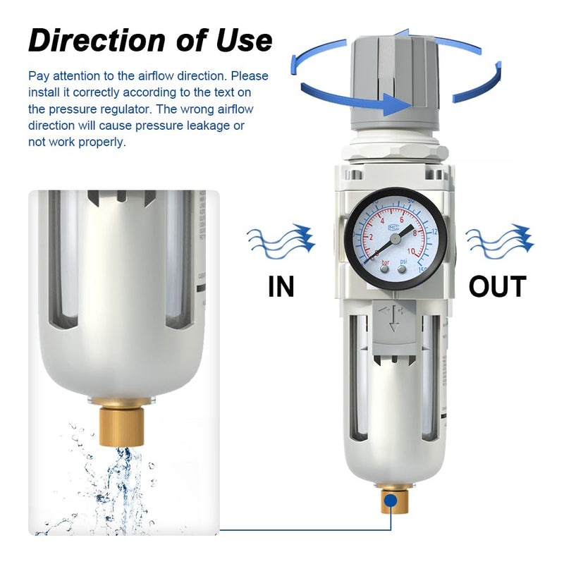 AIRZOE 3/8" NPT Air Filter Regulator Combo Piggyback,5 Micron Brass Element, Semi-Auto Drain,Air Pressure Regulator AW3000-03,0-145 psi Gauge 3/8"NPT