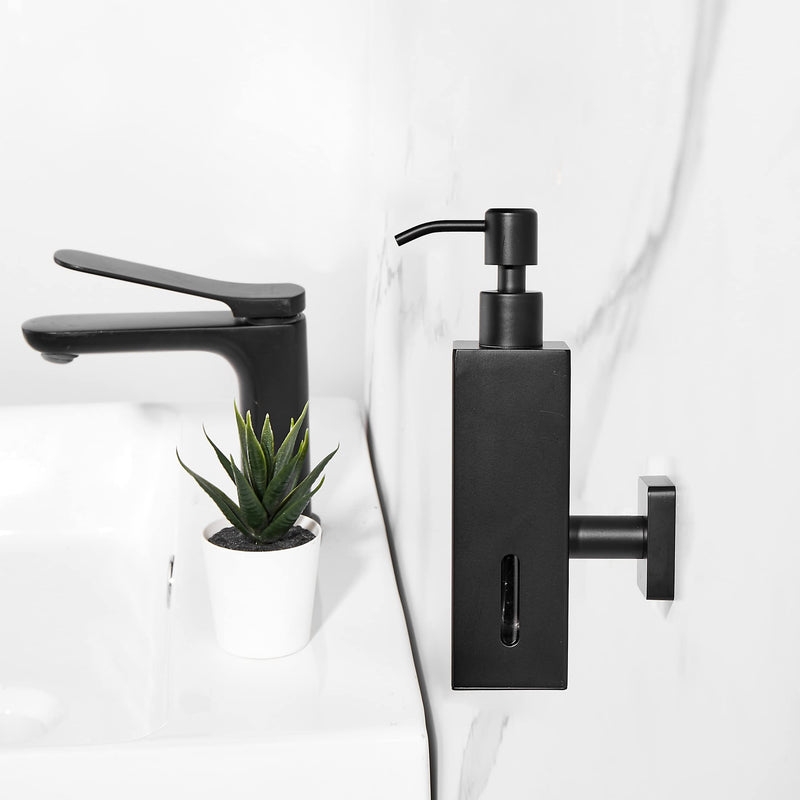 BATHSIR Matte Black Soap Dispenser, Refillable Shower Soap Dispenser Wall Mounted, Stainless Steel Clear Hand Soap Dispenser with Pump for Bathroom Kitchen Sink Dish (Square 200ML) square