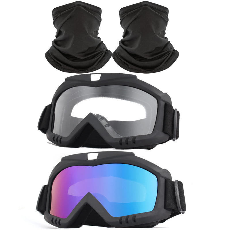 2Pcs Dirt Bike Goggles with Neck Gaiter, Motorcycle Goggles ATV Goggles Riding Ski Racing Goggles Windproof Black Colorful-Clear