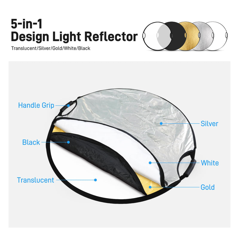 GVM 32"/80cm 5 in 1 Photography Reflector, Collapsible Round Light Reflector with Handle Grips, Portable Light Reflectors for Photography Studio Outdoor Portrait-Translucent/Black/Gold/Silver/White