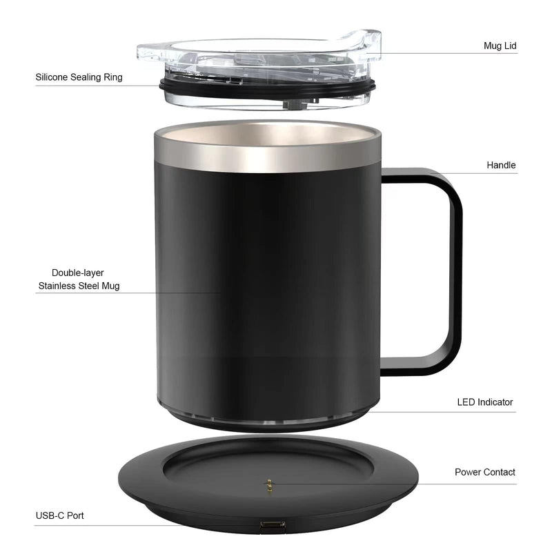 Coffee Warmer with Mug Set, USB Powered Heated Cup with 10H Auto Shut-Off, 131℉ Self Heating Coffee Mug for Desk (Black-12oz)