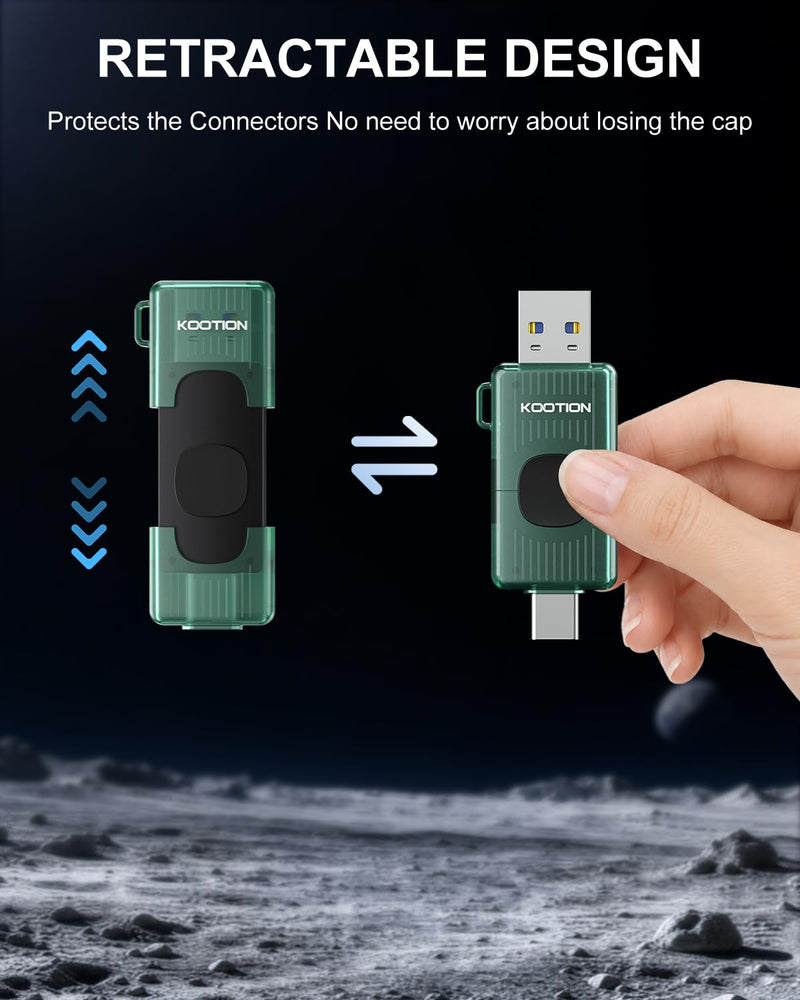 KOOTION 64GB Dual USB-A & Type-C Flash Drive up to 110MB/s USB 3.2 Gen 1 | Retractable Thumb Drive Compatible with iPhone 15/16/17 Series Android Phone Tablet Laptop Windows Mac (1Pack Green) 64.0 GB