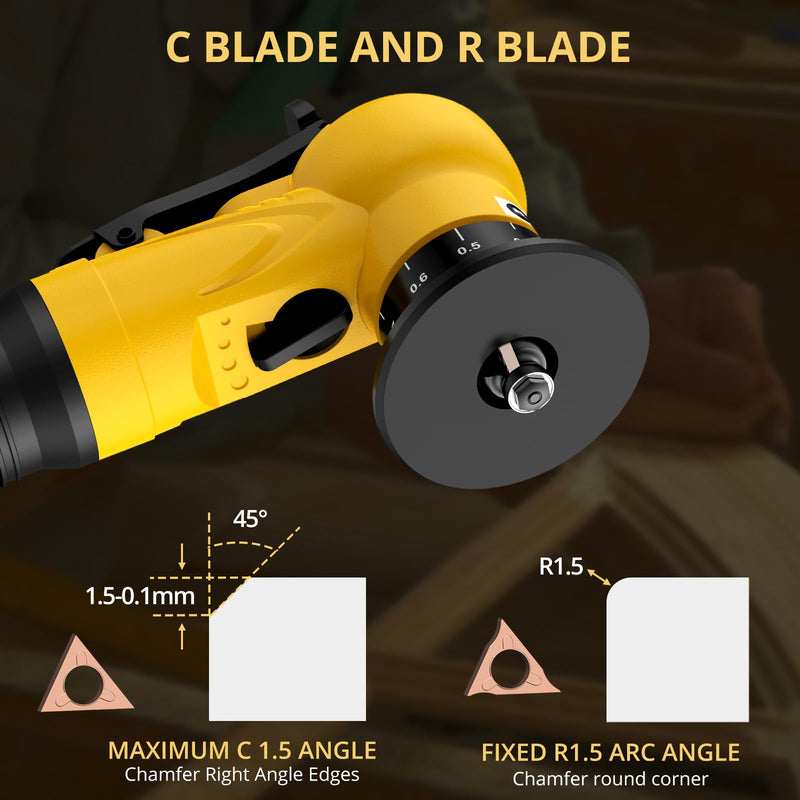 AMTOVL Pneumatic Chamfering Tool - Mini Air Chamfer Tool with 6 C-Angle & 6 R-Angle Blades, 45° 30000 RPM Chamfering Tool for Metal and Wood with 1/4" Air Inlet Yellow