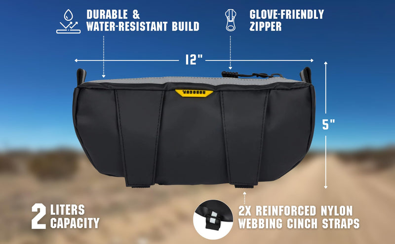Handlebar Trail Bag for Adventure Motorcycles, Dirt Bikes, ATV, eBikes | 2L Storage for Tools, Phone, Keys, Snacks | Heavy Duty Water Resistant PVC Material, Glove-Friendly Waterproof Zippers