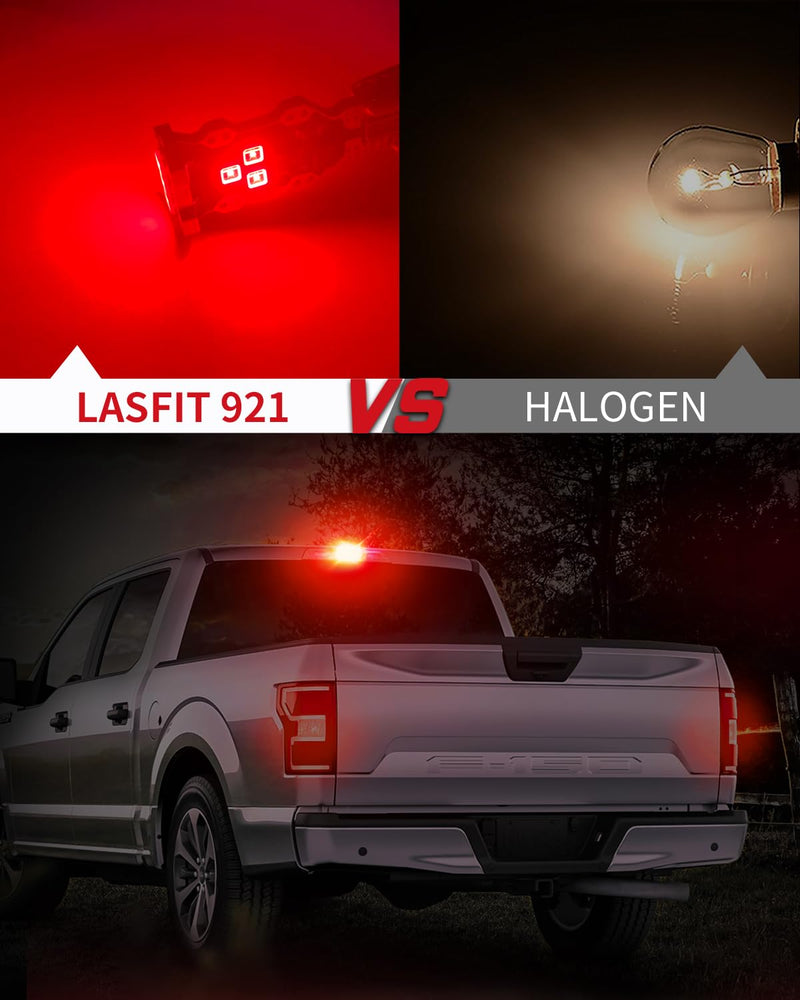 LASFIT 921 912 LED Bulb Red, Third Brake Center High Mount Stop Light, Canbus Error Free T15 906 904 W16W LED Bulb Red 3rd Brake Lights For Cars/Truck, 300% Bright, Pack of 2 921/912/T15