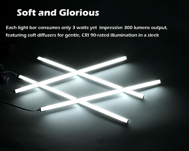 Cefrank V-Shape Under Cabinet Lighting Kit - 4pcs Sleeker 12" Dimmable LED Light Bars for Showcase Shelf Seamless Illumination - 1200lm, 12W - Pure White (6000K)