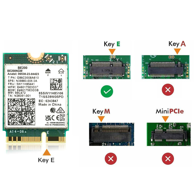 WiFi 7 Card BE200 M.2 Key E Tri-Band 6GHz/5GHz/2.4GHz Up to 5.8Gbps BT 5.4 Compatible with WiFi 7/6E/6/5 Routers for Windows 10/11 (Not Supported on AMD Motherboards)