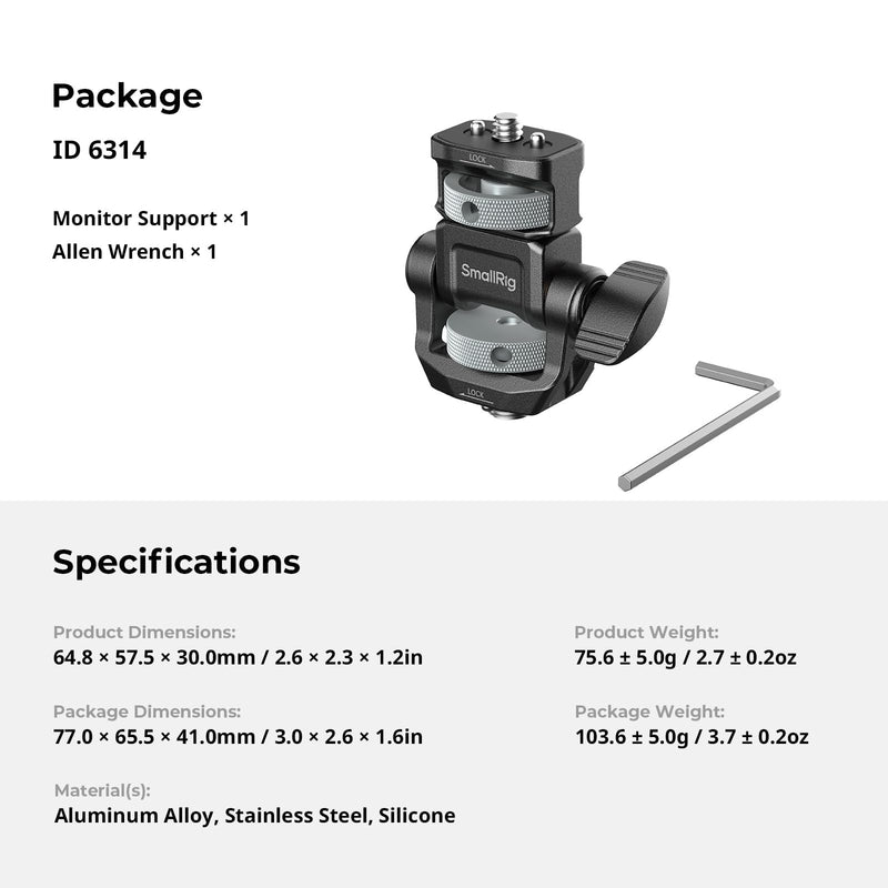 SMALLRIG Adjustable Camera Monitor Mount with 3/8"-16 Locating Screw for ARRI, 360° Swivel and 180° Tilt, Anti-Twist 1/4" Locating Screw, Horizontal & Vertical Shooting 3/8"-16 Screw for ARR