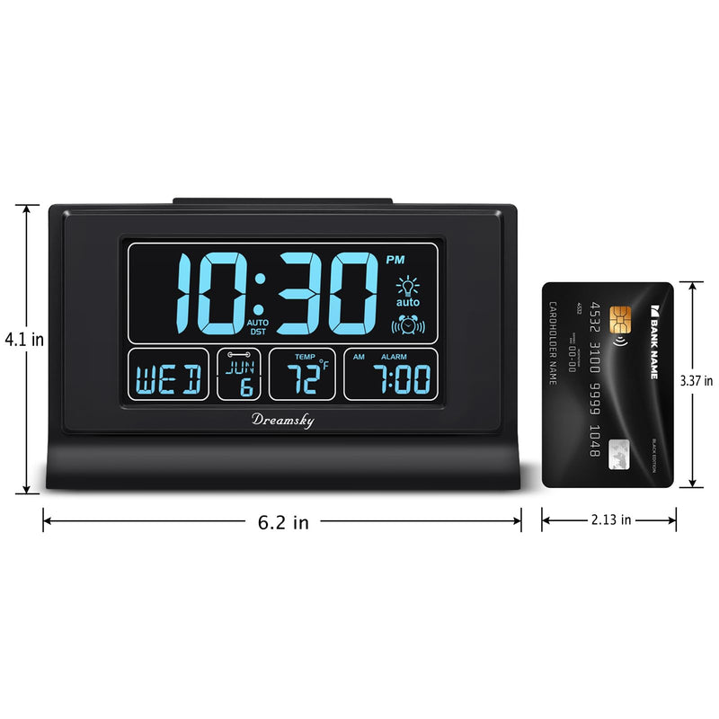 DreamSky Alarm Clocks for Bedrooms with Battery Backup, Auto Set Digital Clock with Date and Day of Week, Temperature, USB Port, Auto DST, Dimmer, 12/24H Black