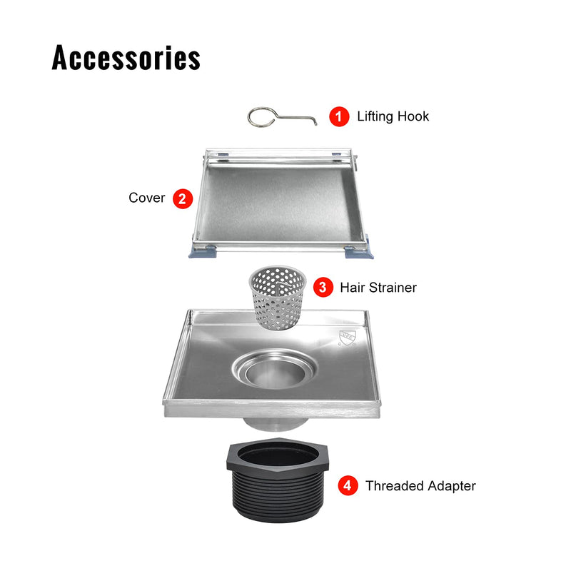 SaniteModar Shower Drain, Invisible 6 inch Square Shower Drain 2-in-1 Tile Insert Cover, 304 Stainless Steel Brushed Shower Floor Drain with Hair Catcher and Threaded Adapter Tile Insert Grate