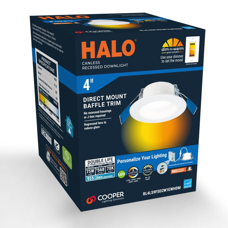 HALO RL 4 in Canless LED Recessed Ceiling Light with Selectable Color Temperature 2700K-5000K, Dim to Warm, 600/900lm Dimmable IC Rated Wet Rated Indoor Outdoor Ceiling Light (Packaging May Vary) 600/900 Lumens 4 inch