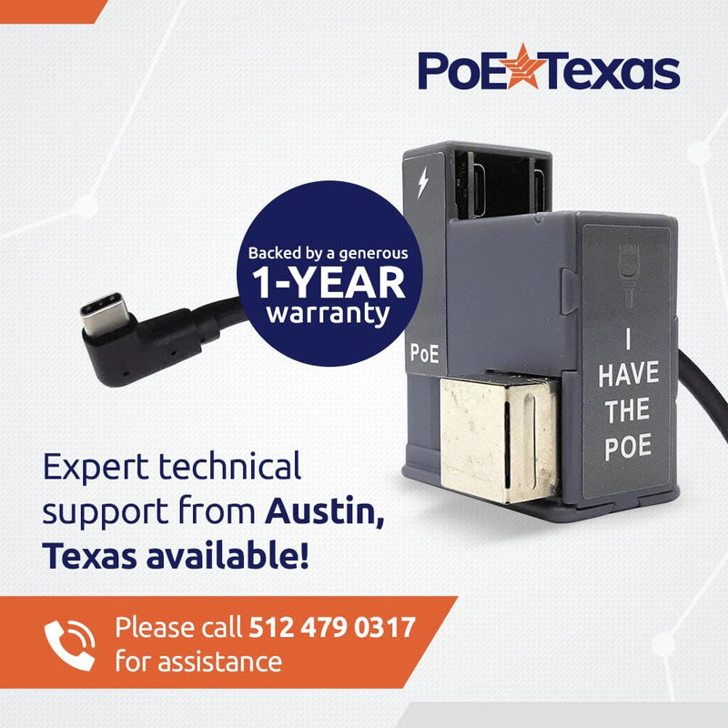 PoE Texas PoE+ Power and Data Adapter for USB-C Tablets & Devices for POS, Digital Signage, & More - 802.3at POE+ to USB-C Power Delivery - Extends Charging & Data Delivery Up to 328 Feet 24 watts Power + Data