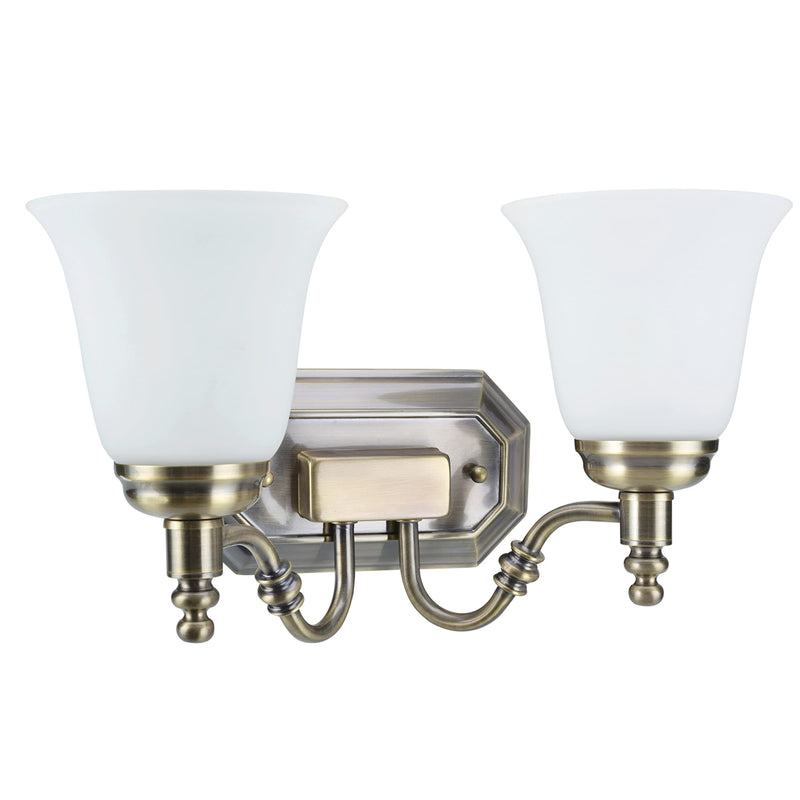 Aspen Creative 62021-3, Two-Light Metal Bathroom Vanity Wall Light Fixture, 6" Wide, Transitional Design in Antique Brass with Frosted Glass Shade 2-LIGHT