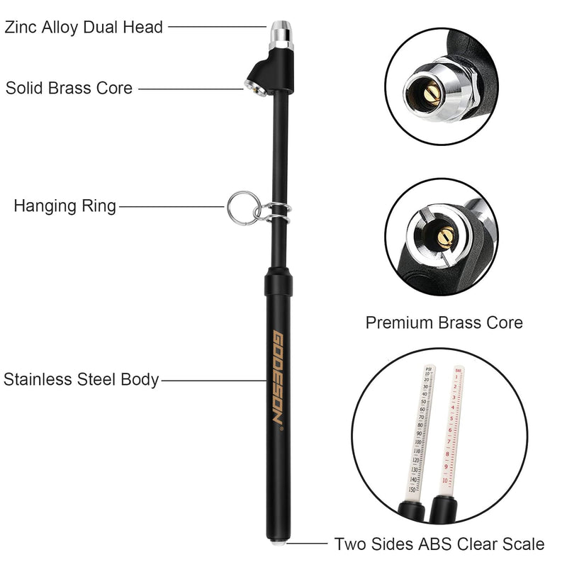 GODESON Heavy Duty Tire Pressure Gauge, Straight-On Dual Head Tire Air Gauge Range 10-150PSI, Extended Tube Tire Gauge Suitable for Semi Truck, RV,and Bus(Pack of 2) Silver and Black 2 Pack