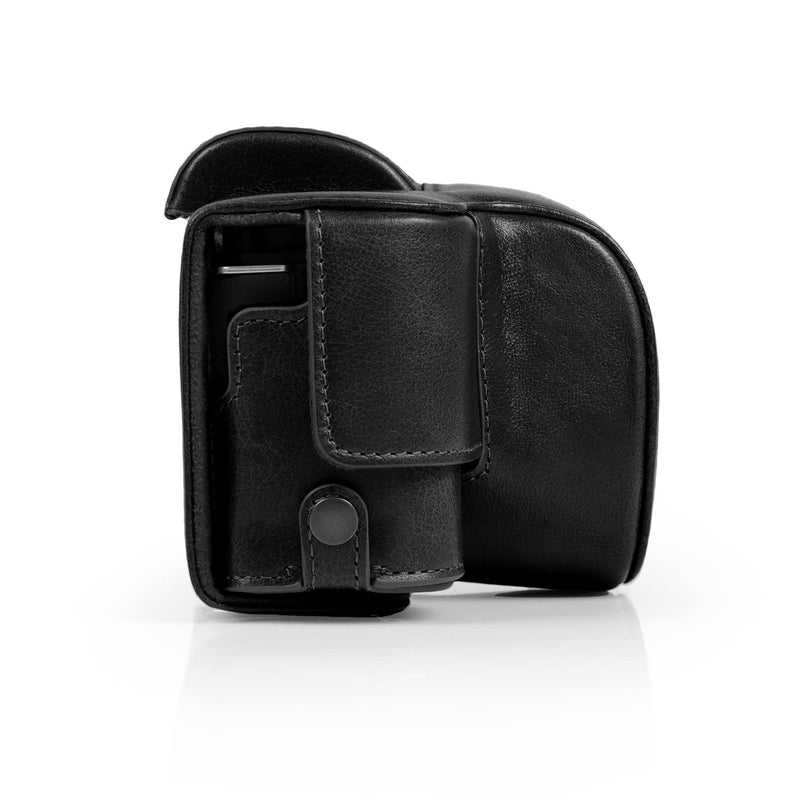 MegaGear MG2006 Ever Ready Genuine Leather Camera Case Compatible with Sony ZV-E10, Full Body Protection Lens Cover Bag with Shoulder Strap, Black