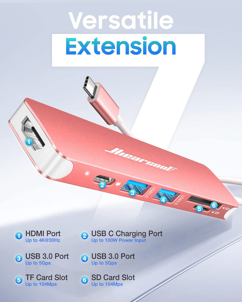 Hiearcool USB C Hub,USB C Dongle,7IN1 USB C to HDMI Multple Adapter Compatible for MacBook Dell Lenovo Asus Thunderbolt 3 Thunderbolt 4 USB C Docking Station (HDMI USB3.0 TF/SD PD)-Rose Gold Pink