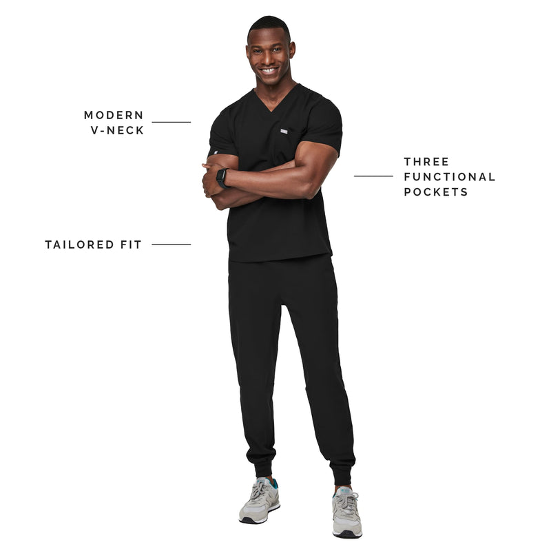 FIGS Leon Scrub Top for Men – 3 Pockets, Tailored Fit, Modern V-Neck, 4-Way Stretch, Moisture-Wicking Medium Black