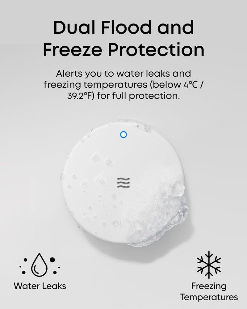 eufy Water Leak and Freeze Sensor E20, Dual Detection, Extended Reach with Cable, Built-in Alert with 75 dB Alarm, Long-Lasting 5-Year Battery Life, Requires HomeBase 2, 3, Mini, or Pro