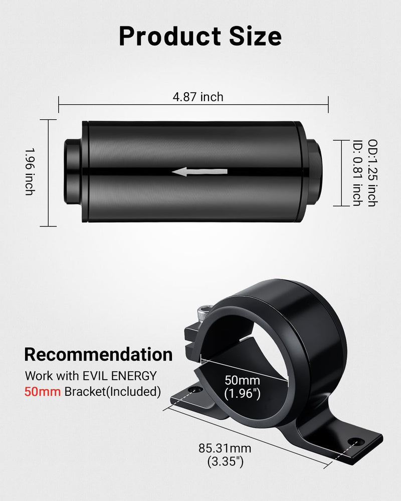  [AUSTRALIA] - EVIL ENERGY Inline Fuel Filter 10 Micron with 6AN 8AN 10AN Adapter&Bracket Clamp 50MM Universal