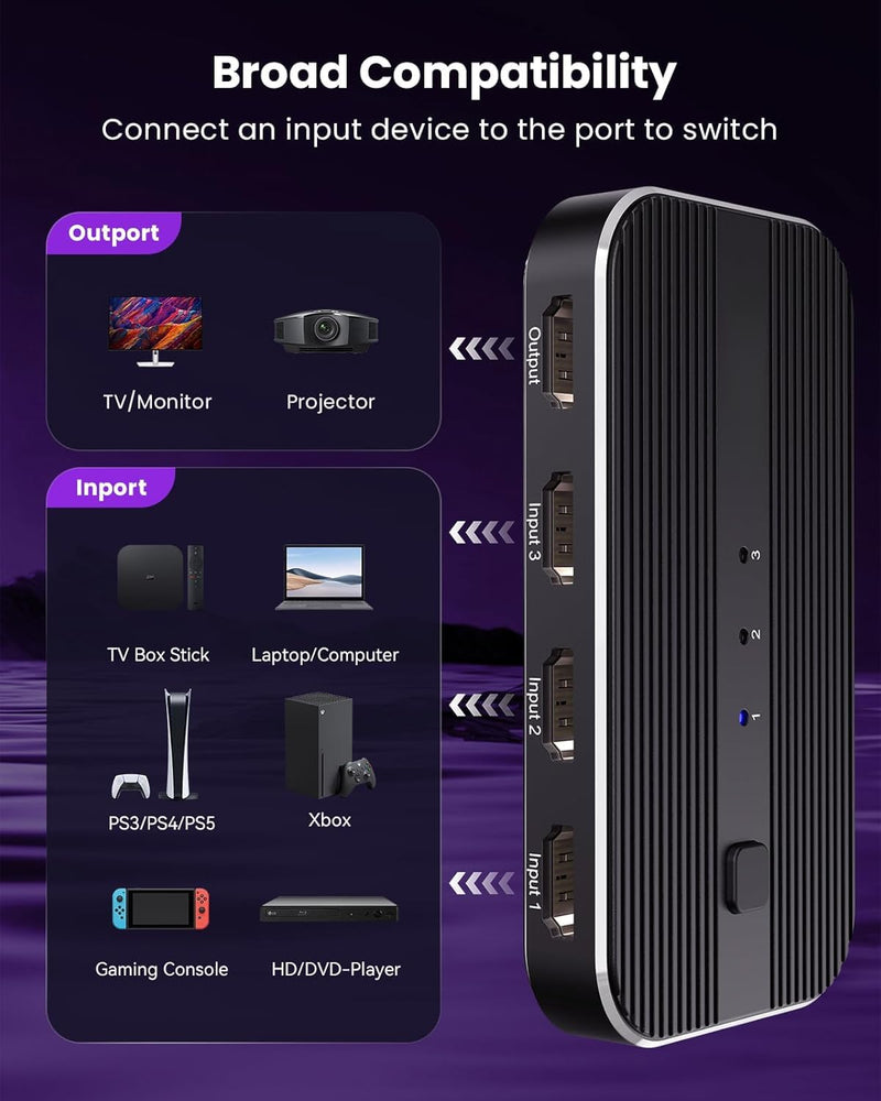 HDMI Switch 3 in 1 Out 4K@60Hz, 3 Port HDMI Switch 3 in 1 Out with Remote Support HDCP2.2 Compatible with Dolby Nintendo Switch PS5/4/3 Xbox Roku TV Fire Stick Blu-Ray Player