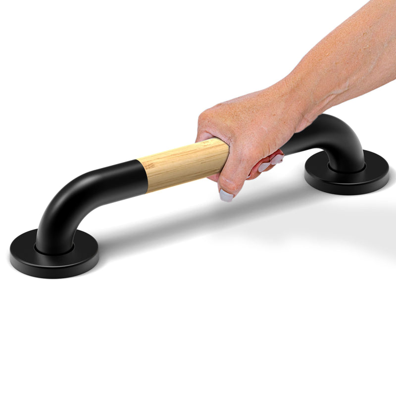 Safety Grab Bar for Bathroom & Toilet, Natural Bamboo Handle, ADA Compliant Balance Assist Handrail for Handicap and Seniors, 12in Matte Black