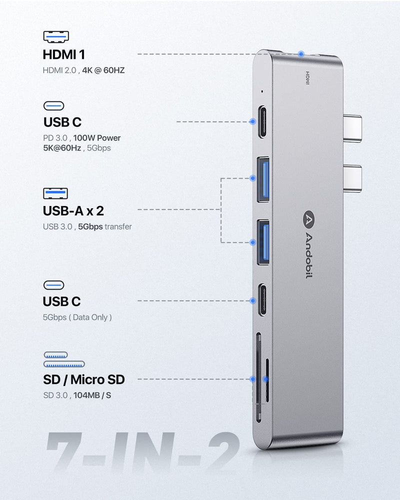 [2025 Upgraded] andobil 7-in-2 USB C Hub Adapter for MacBook Pro 2021-2016/ MacBook Air 2020-2018, 2 USB 3.1 & USB Data Ports, 4K HDMI, SD/TF Card etc, The Space Grey