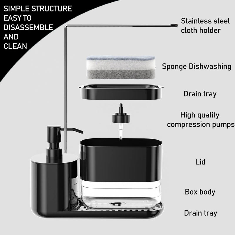 Kitchen Soap Dispenser Set with Tray and Sponge Holder, Dish and Hand Soap Dispenser with Dishcloth Holder 4-in-1 Kitchen Sink Countertop Storage Organizer, Useful Kitchen Gadgets -Black Black