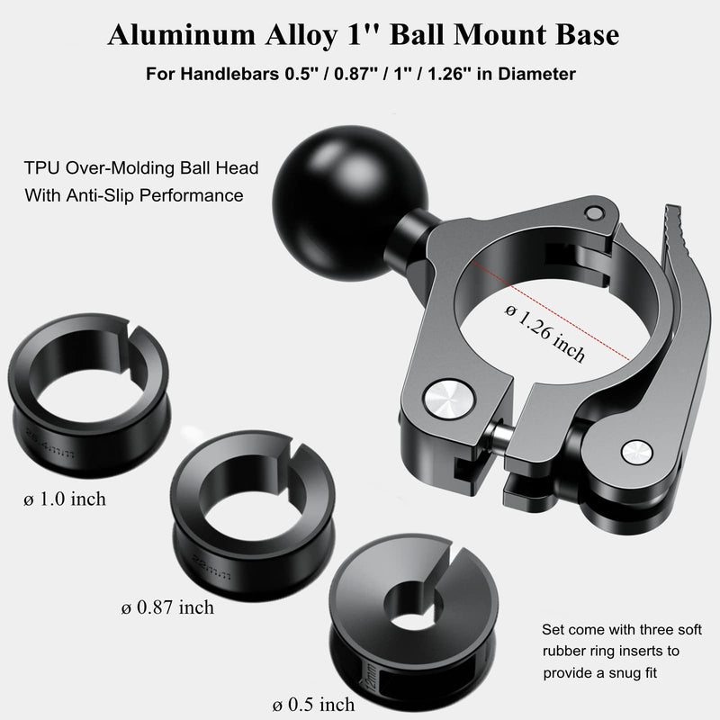 BRCOVAN Aluminum Alloy Handlebar Clamp Mount Base with 1'' TPU Ball for Rail Diameter 0.5'' 0.87'' 1'' 1.125'' 1.26'', Fit for RAM Mounts B Size 1 Inch Ball Double Socket Arm, Tool-Less Installation R18-Set of 1