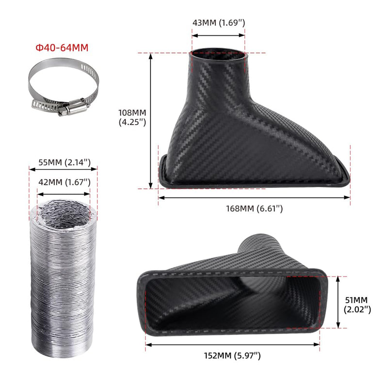 Air Intake Duct Front Bumper Turbo Air Intake Pipe, Carbon Fiber Car Square Brake Air Duct with Extendable Flexible Hose and Hose Band