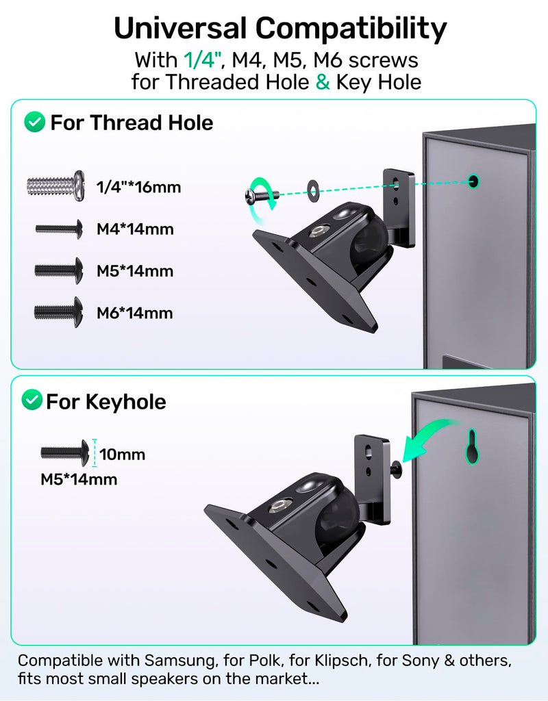 Surround Sound Rear Speaker Wall Mount 2 Pack, Keyhole Mount, Holds 11 lbs | Adjustable Angle, Aluminum Alloy, Keyhole Mount, Fits 1/4"-20, M4, M5, M6 Threads, Compatible with Roku, Samsung and Others
