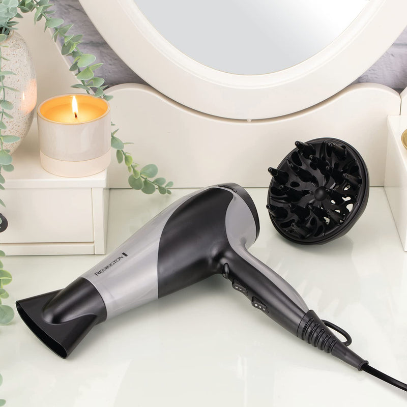 Remington Ionic Dry Hair Dryer 2200W, Silver, Diffuser, 3 Heat Settings | Includes Concentrator, Cool Shot Feature, D3190S Model, Ionic Conditioning, 2 Speed Settings for Versatile Styling