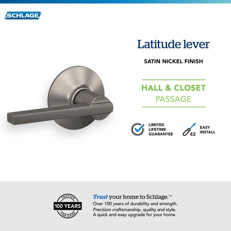 Schlage F10 LAT 619 Latitude Door Lever, Hall & Closet Passage Lock, Satin Nickel Standard