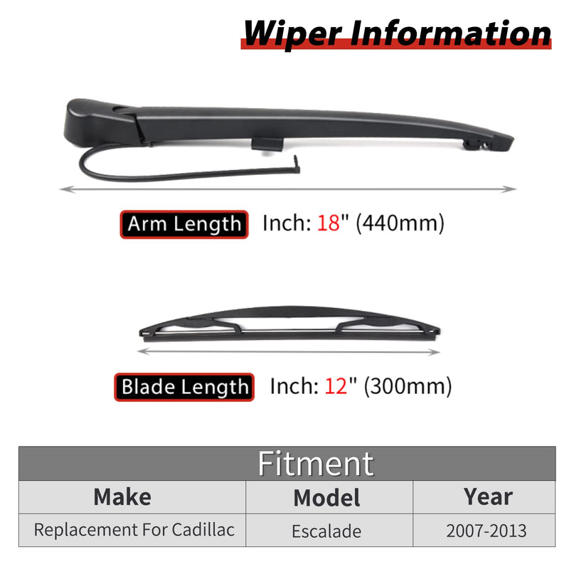 Rear Windshield Back Wiper Arm Blade Set Replacement for Cadillac Escalade 2007-2013 OE: 15277756 Rear Wiper Arm and Blade