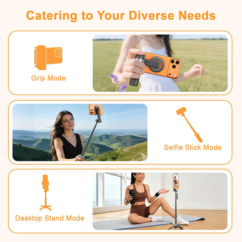 Upgrated 5-in-1 Magnetic Selfie Stick with Remote for Cell Phone 360° Rotation.Can Transforms into Mini Tripod/Camera Grip/Handheld Stabilizer/Phone Stand.Extend to 25 inches Black