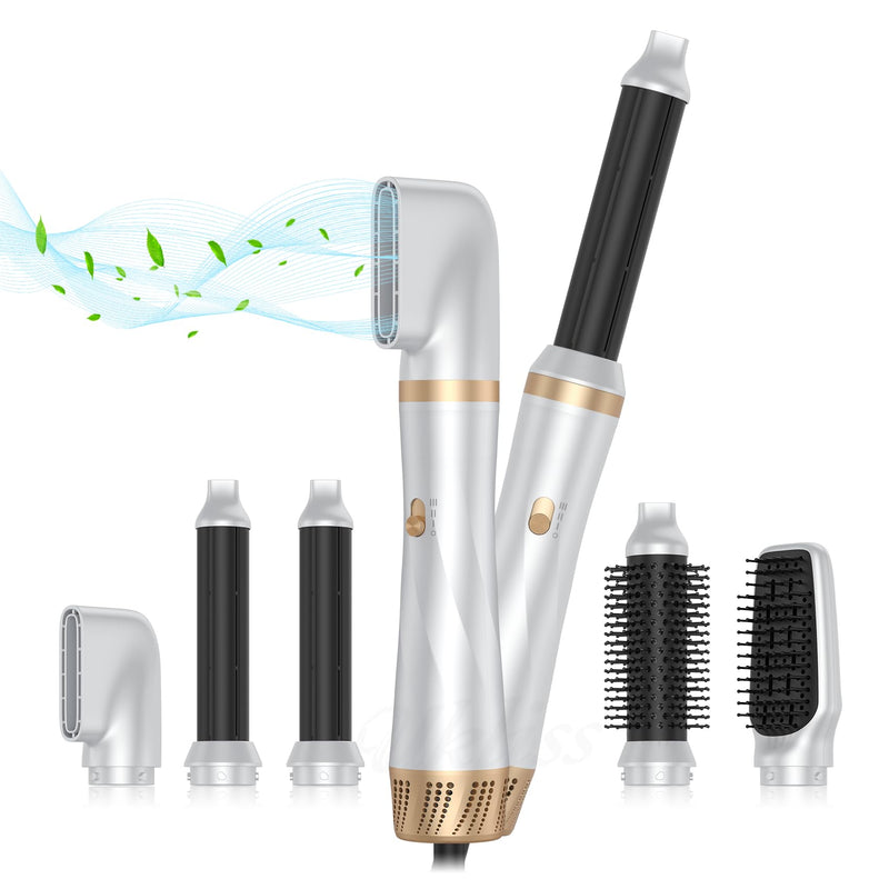 Hair Dryer Brush, 5 in 1 Blow Dryer Brush Set, High Speed Hot Air Styler, Auto Wrap Curlers for Frizz-Free Volume, Multifunctional Hair Dryer for Curling, Straightening, Volumizing (Platinum)