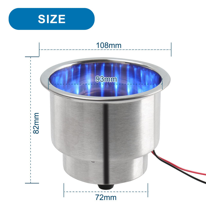 2PCS Boat Cup Holder, Stainless Steel Boat Cup Holder Insert, Blue Led Cup Holder Lights for Boat with Drain, 12V Waterproof Polished Drink Holder, Yeti Cup Holder for Marine, Boat, RV, Camper Blue*2