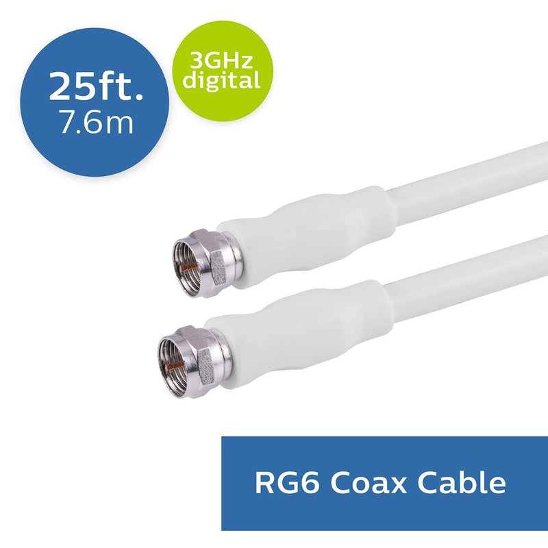 Philips RG6 Dual Shield Coaxial Cable, 25 ft. Ideal for TV Antenna DVR VCR Satellite Cable, F-Type Connectors, 3Ghz Digital, White, SWV2175H/37 25 Feet