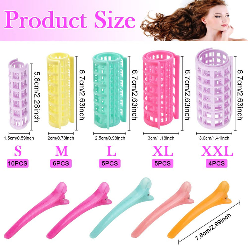 30 PCS Plastic Hair Rollers Curlers 5 Size Snap on Rollers No Heat Self Grip Hair Rollers for Short Long Hair, DIY Salon Hairdressing Curlers with 5 Duckbill Clips for Barber Hair Dressing
