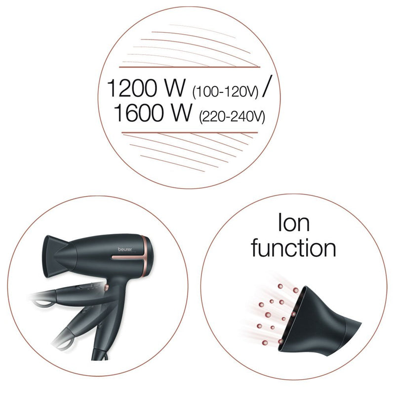  [AUSTRALIA] - Beurer HC 25 travel hair dryer with ion function, small, foldable and lightweight, 1600 watts, voltage switching from 110-120 /220-240 V, 25.9 x 8 x 15.6 cm, black/rose