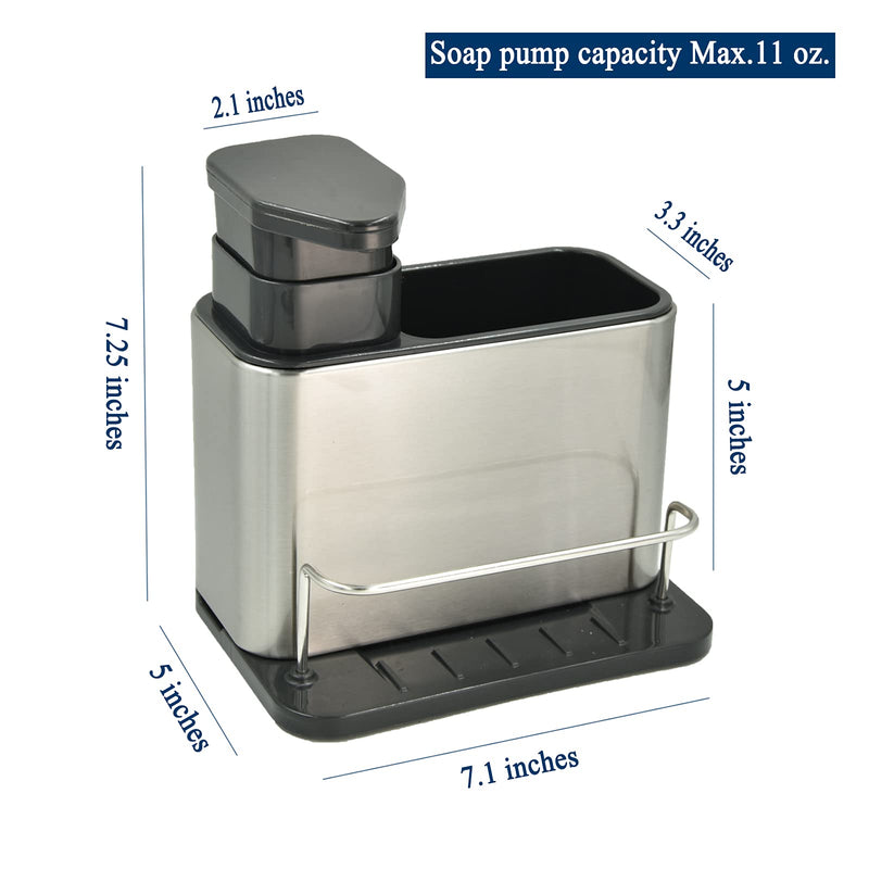 Soap Dispenser for Kitchen & Bathroom Sink with Sponge Holder and Brush Holder, Dish Soap Pump Sink Caddy for Countertop, Stainless Steel