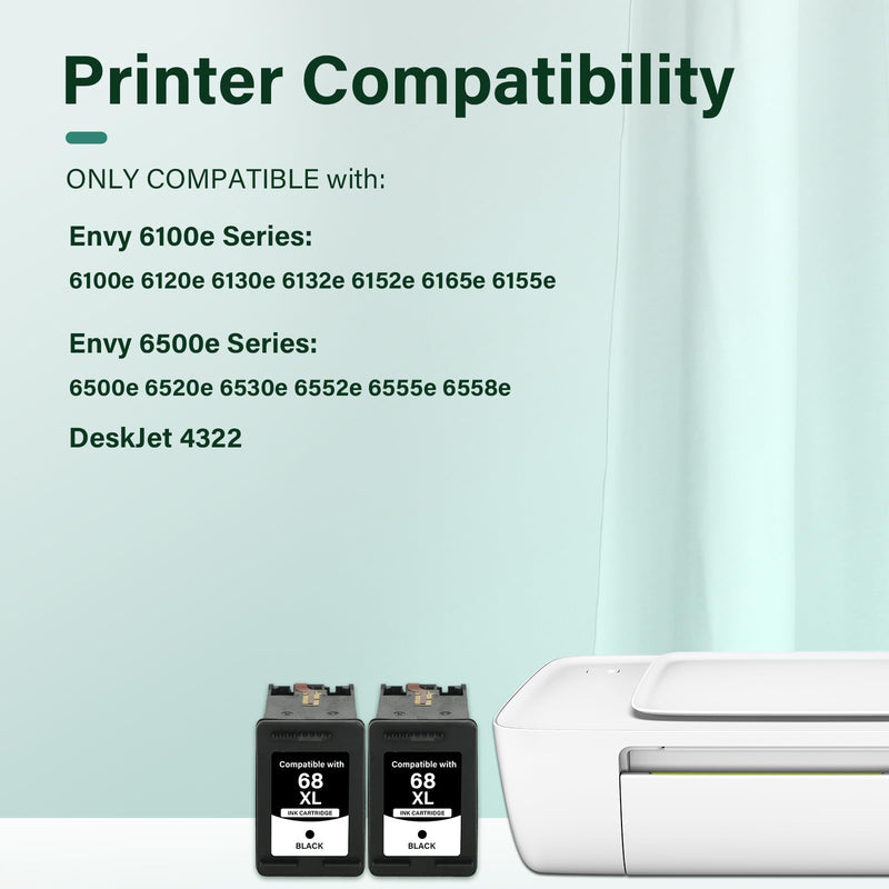 68 68XL 6155e 6555e Black Ink Cartridges for HP Printers Envy 6100e 6500e | Compatible for HP Printer Envy 6100e 6500e Series 68e Compatible with 6152e 6552e 6558e 6165e High Yield (2 Pack 2 Black) XL