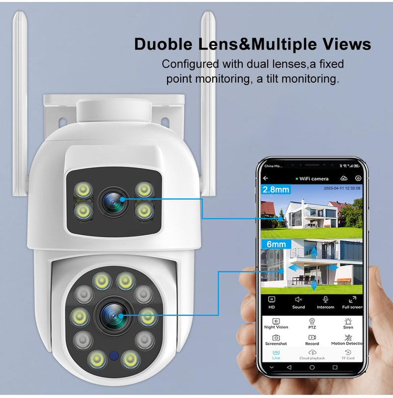 EVERSECU Dual Lens Linkage 6MP WiFi PTZ Security Camera Outdoor, 360° View, Auto Tracking, Motion Detection, Color Night Vision, 2-Way Audio, Compatible with Alexa Single