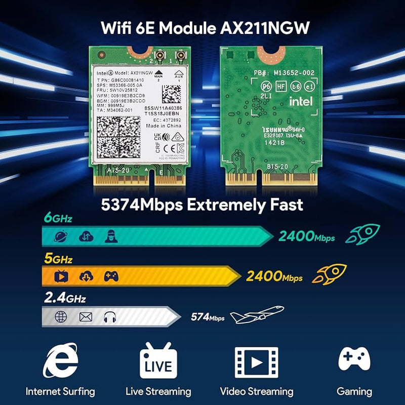 Intel AX211NGW Wi-Fi 6E Laptop Mobile Wireless Card: Tri-Band (2.4/5/6GHz), 2.4Gbps max Speed, Bluetooth 5.3, M.2 2230 CNVio2, MU-MIMO, OFDMA, Miracast. Support for Windows, Linux and Chrome. Wifi 6E