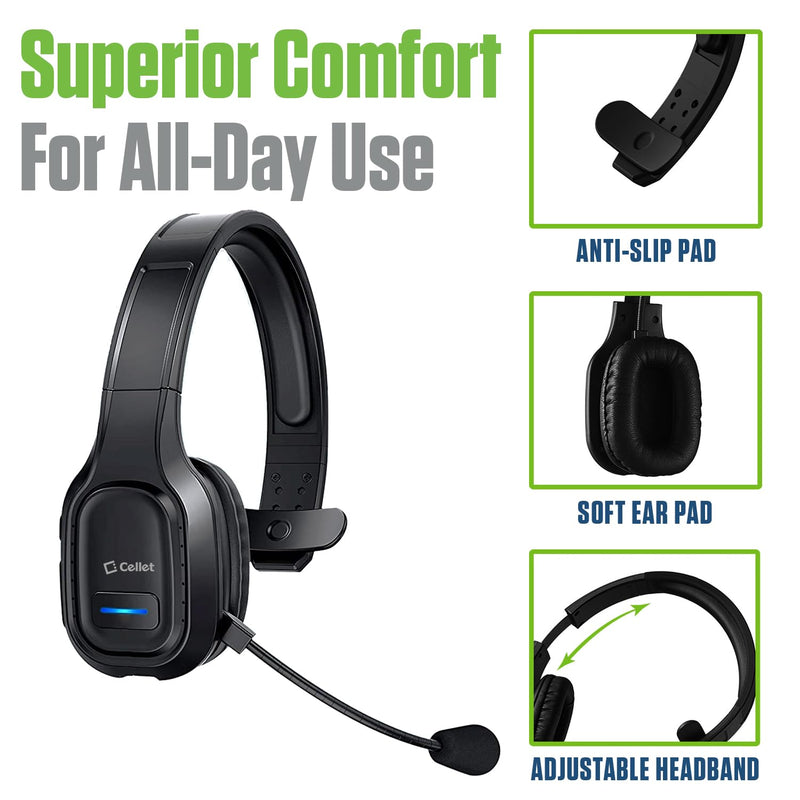 Cellet Overhead Boom Mic Wireless Headset with Noise Cancelling, Echo Reduction, 34H Talk Time, 30ft Range – Adjustable Headband, All-Day Comfort