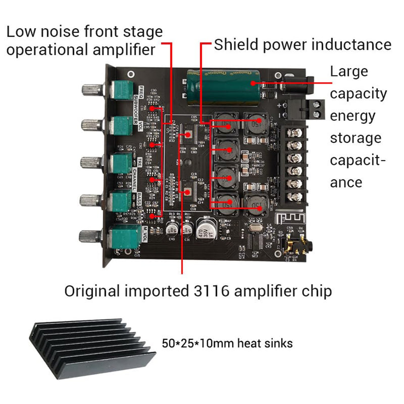 ZK-TB21 2.1 Channel Bluetooth Amplifier Board, 50W*2+100W Subwoofer Power Amp Module, Bluetooth 5.0 AUX Input Treble Bass Control for DIY Speaker Home Theater Audio