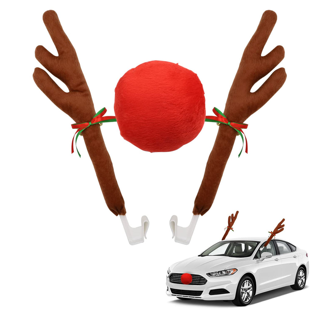 Abnaok Car Reindeer Antler Kit and Nose, Reindeer Christmas Decoration for Car Window Roof-Top & Front Grille,Christmas Reindeer Antlers Auto Decoration Set for Car SUV Van Truck