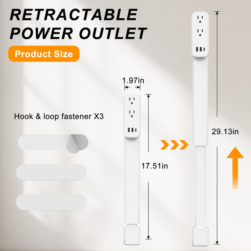 Outlet Extender Stick - Features USB-A, USB-C and 2 AC Outlets, Extends 17.5"-29.1", Rotates 360° Access Hard-to-Reach Outlets, Wall Plug Power Socket Expander Nightstands, Sofa, Desks and More Grey White