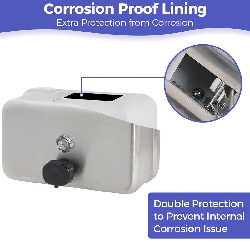 Heavy Duty Stainless Steel Wall Mount Soap Dispenser, 1100ml/37oz, with Corrosion Proof Lining and Anti-Leak Pump for Commercial & Home Bathroom Kitchen (Horizontal) Horizontal